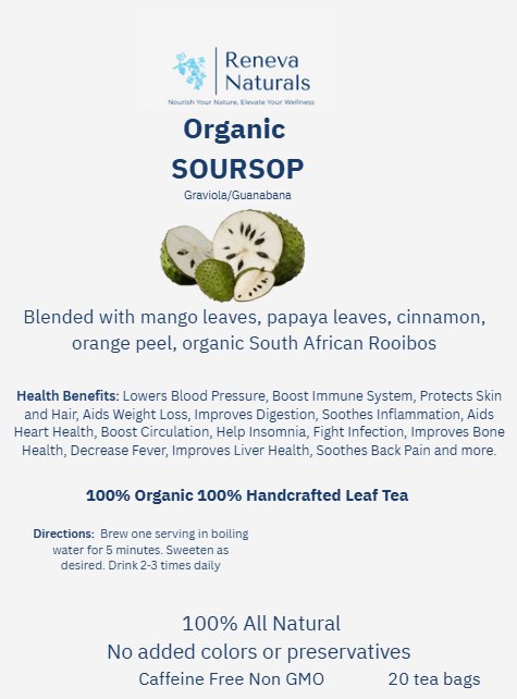 100% Natural Soursop Leaves Blended with Mango Leaves Papaya Leaves, Cinnamon Bark, Orange Peel and Organic South African Rooibos