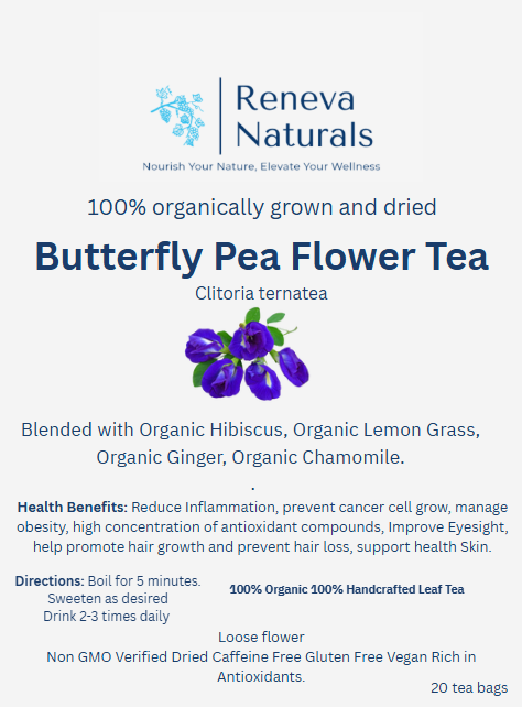 Butterfly Pea Flower Tea Blended with Organic Hibiscus, Organic Lemon Grass, Organic Ginger and Oganic Chamomile