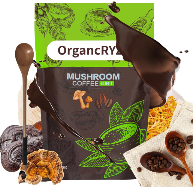 Organic Mushroom Coffee, Instant Coffee Powder with Lion's Mane, Reishi, Cordyceps, Shiitake, King Trumpet, and Turkey Tail Mushrooms