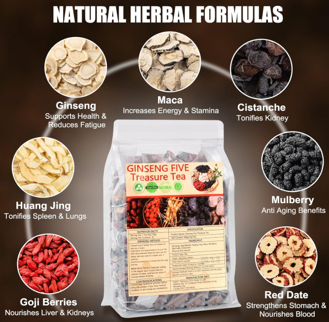 Kidney Tea – Ginseng Five Treasure Herbal Tea | 30 Tea Bags | Traditional Herbal Cleanse & Renewal