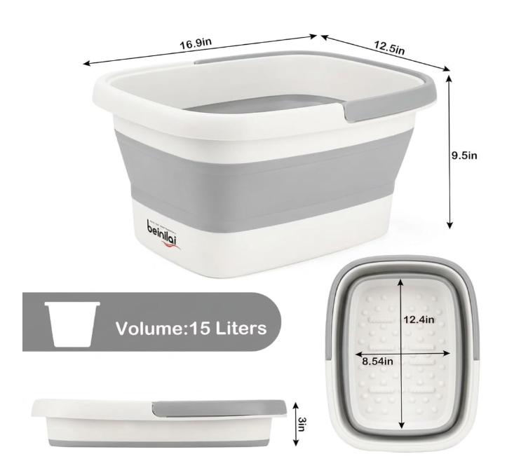 Collapsible Foot Bath Basin for Soaking Feet, Foot Soak Tub, Plastic Foot Bucket with Handles and Massage Acupoint, Foldable Laundry Basket-Grey