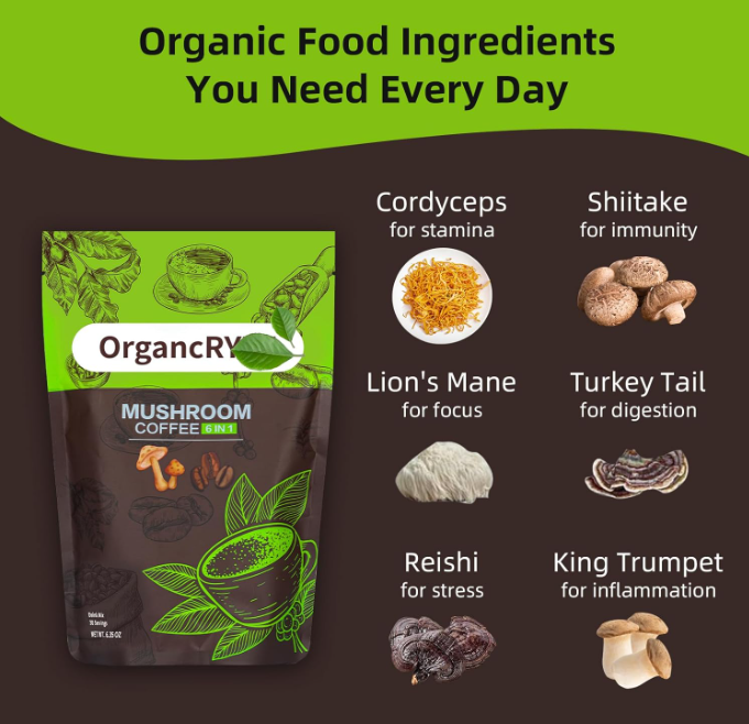 Organic Mushroom Coffee, Instant Coffee Powder with Lion's Mane, Reishi, Cordyceps, Shiitake, King Trumpet, and Turkey Tail Mushrooms